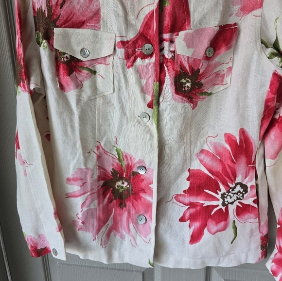 Chico's Floral 100% Linen Shirt Pink Green Long Sleeve ButtonUp Coastal - Picture 13 of 14